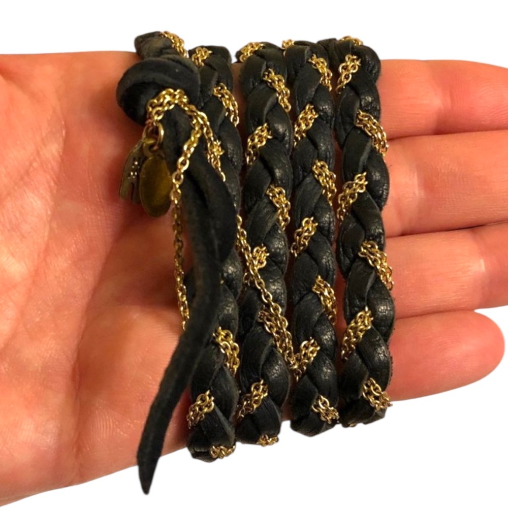 Y2K Sogoli Navy Blue Leather Gold Chain Link Braided Wrap Bracelet Necklace Boho